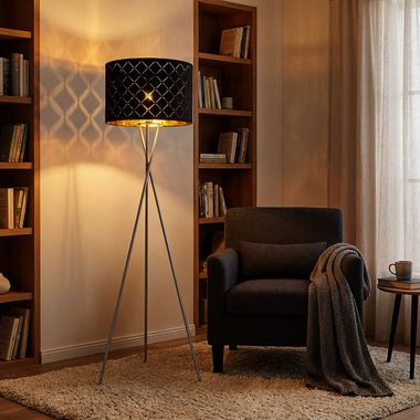 Floor lamp, textile, black, gold, 3-legs, H 158 cm