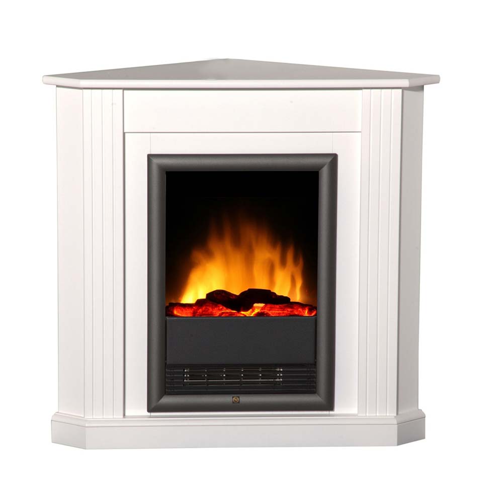 Eck Stand Elektro Kamin brillant weiß Heizung LED Effekt Flammen Wohn