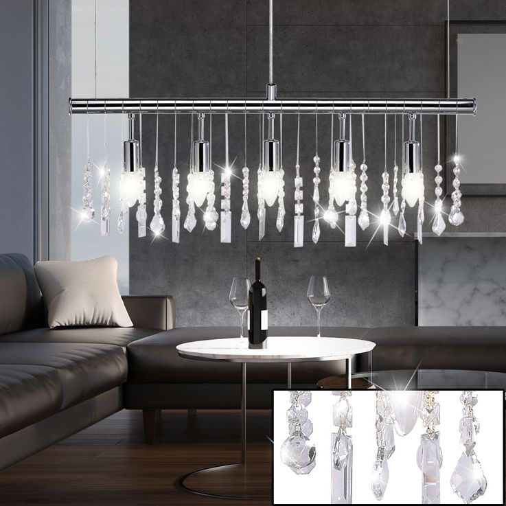 Design Kristall Pendel Luster Ess Zimmer Leuchte Chrom Decken Hänge Lampe Glas