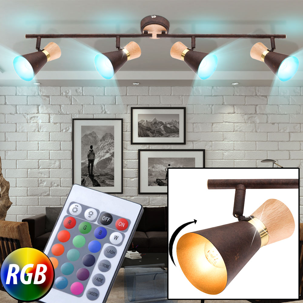 Landhaus Stil LED Decken Lampe dimmbar Flur Holz Strahler gold RGB FERNBEDIENUNG