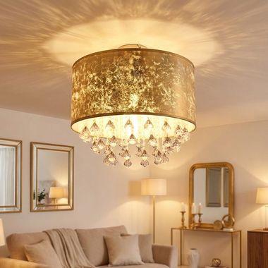 Textil Deckenleuchte im Blattgold Design mit Kristallen AMY