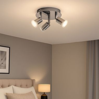 Plafonnier LED, chrome, spots mobiles, IP44, D 16 cm