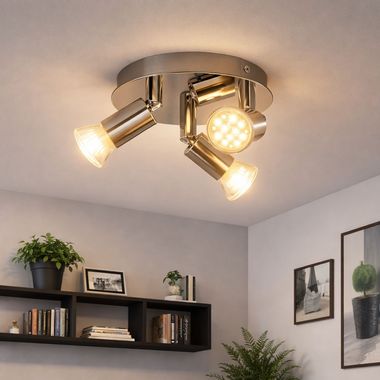 Plafonnier LED, chrome, spots mobiles, IP44, D 16 cm