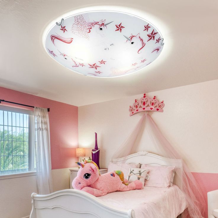 Deckenleuchte LED Kinderleuchte Deckenlampe Mädchen Kinderzimmer rund, Glas  Einhorn Sterne weiß rosa, 16W 960lm warmweiß, D 30 cm | ETC Shop