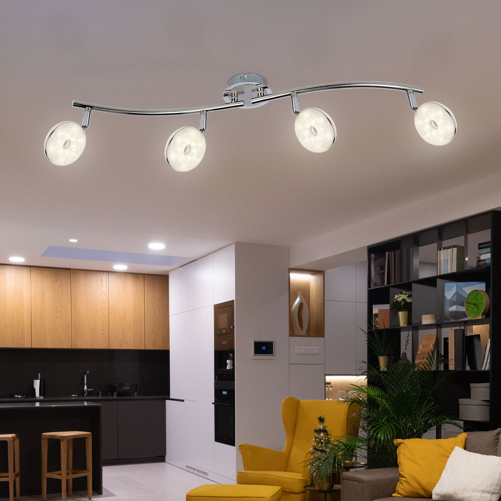 Spot plafond salon spot lumineux bar plafonnier argent, spots orientables  verre dépoli, 4x G9, L 110 cm, ETC Shop: lampes, mobilier, technologie.  Tout d'une source.