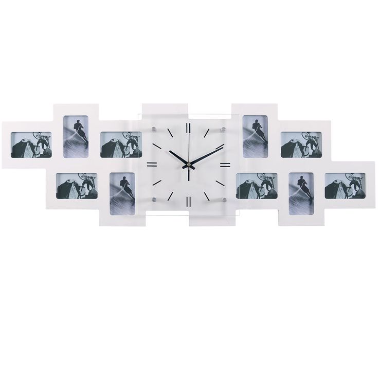 Wanduhr mit 10 Bilderrahmen in weiß Wanduhr mit 10 Bilderrahmen in weiß