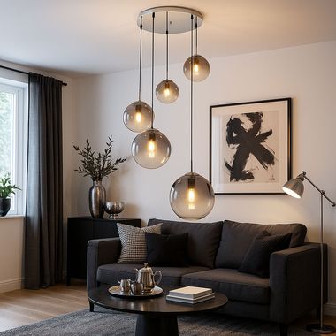 Lampe à suspension, boules en verre fumé, hauteur 150 cm, VARUS