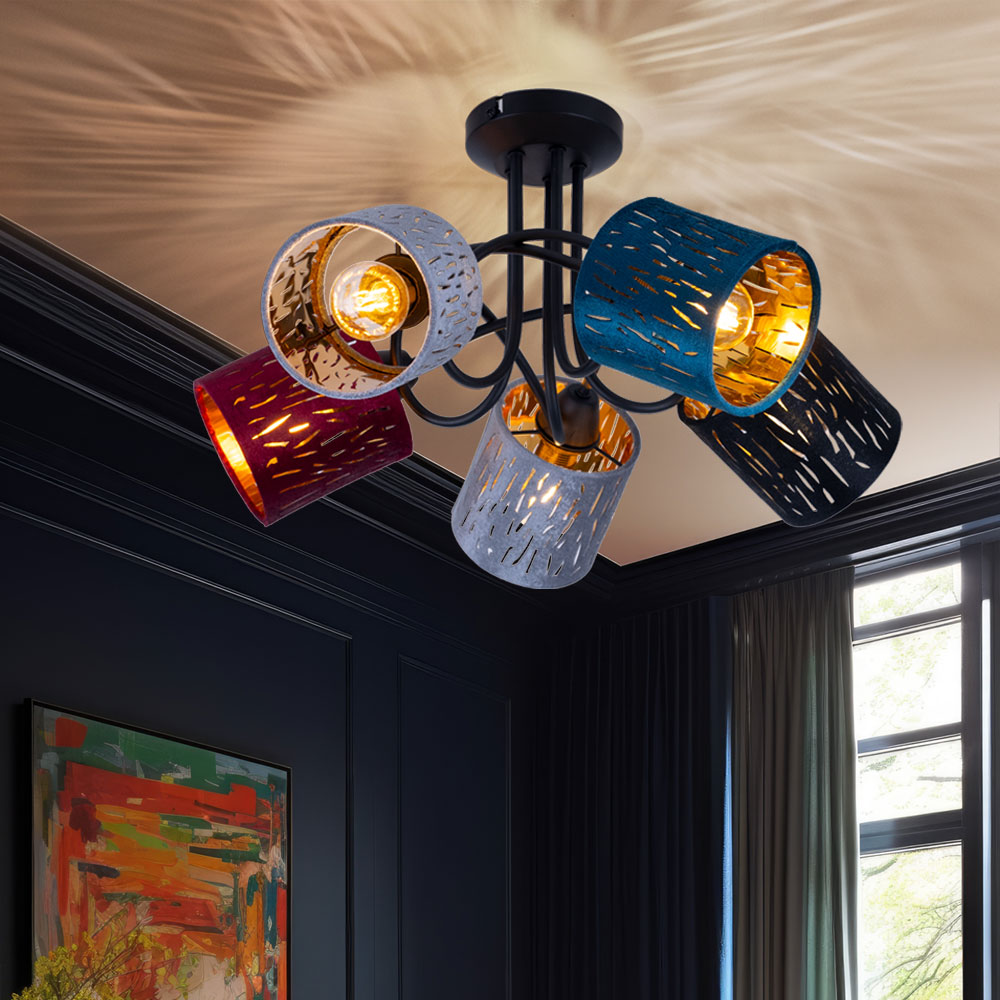 Deckenleuchte Deckenlampe Wohnzimmerleuchte 5 flammig Metall Samt schwarz  Dekorstanzungen, 5x E14 , D 46 cm | ETC Shop