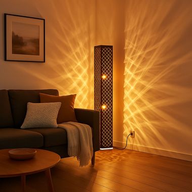 Lampadaire textile, noir, feuille d'or, H 118 cm
