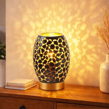 Lampa stołowa, czarno-złota, dziurkowany dekor, wys. 23 cm, HANNY