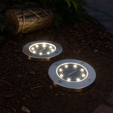 2er Set LED Solarleuchte, rund, Flach mit Erdspitz
