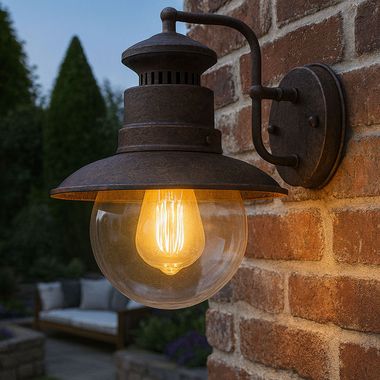 Zewnętrzna lampa ścienna, stal, szklany klosz, w kolorze rdzy, latarnia