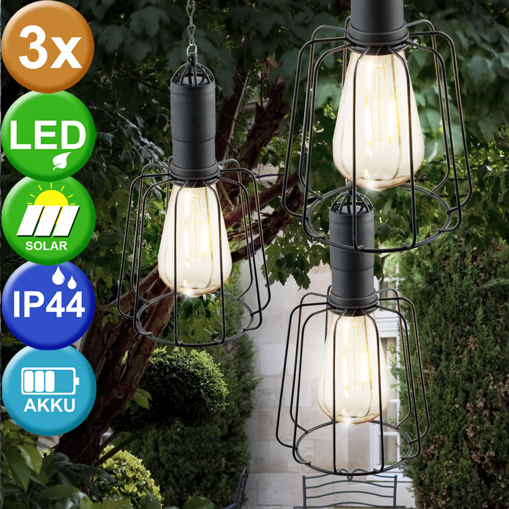 3er Set Solar LED Hänge Decken Gitter Lampen Retro Stil Terrassen Außen