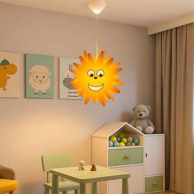Lampe à suspendre, enfants, design soleil, bois, jaune, D 38 cm