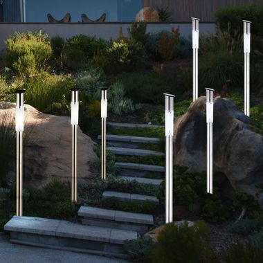 Produktbild von 6er Set Solar-Gartenleuchten Aus Edelstahl – Höhe 70 Cm, Mit Dämmerungssensor, IP44