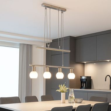 LED hanglamp, mat nikkel, opaal glas, in hoogte verstelbaar, H 160 cm