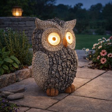 Lampe solaire LED, pierre design chouette, gris, H 19,5 cm