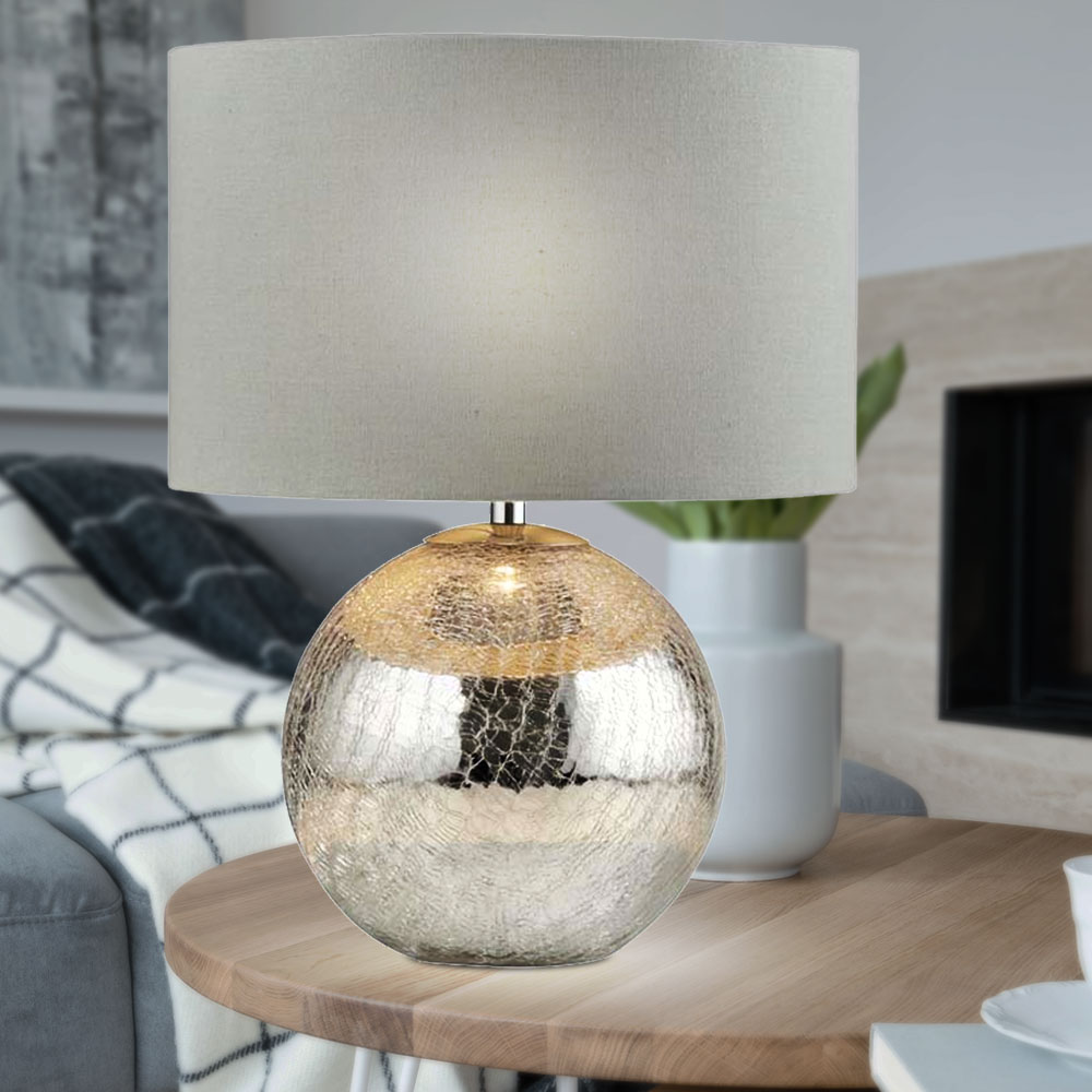 Textil Nacht Tisch Leuchte Schlaf Zimmer Glas Lampe silber-grau Spiegel