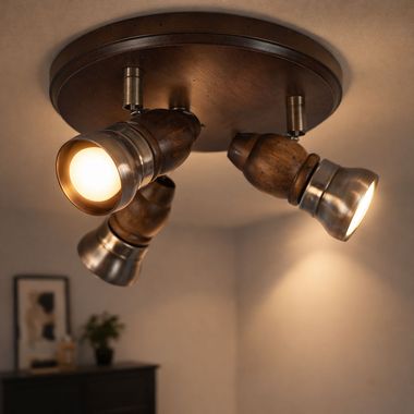 Plafondlamp, donker hout, messing, beweegbare spots, D 24 cm