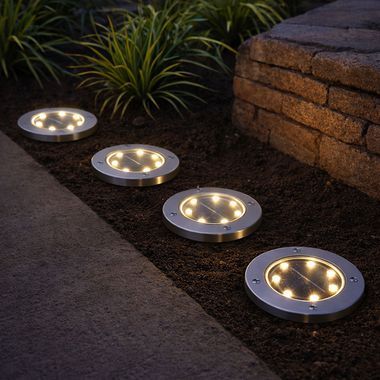 Set di 4 luci a presa solare a LED, acciaio inossidabile, 13 cm