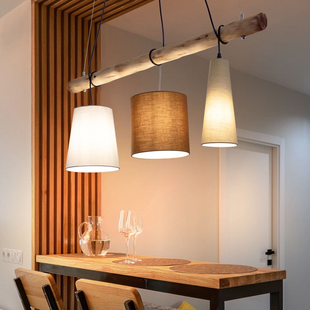 Design Hängeleuchte Holzbalken Textilschirme Deckenlampe Wohnzimmer 100x22x120cm | Shop Pendellampe LxBxH mehrfarbig ETC