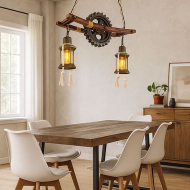 Lampe à suspension, bois, design steampunk, verre, L 62 cm