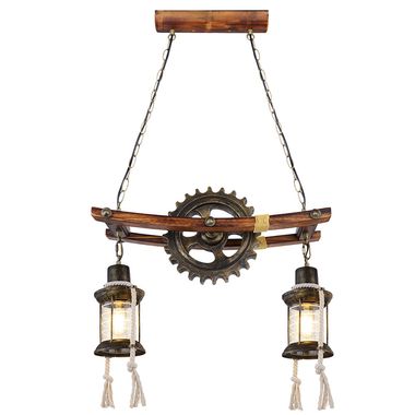 Lampe à suspension, bois, design steampunk, verre, L 62 cm