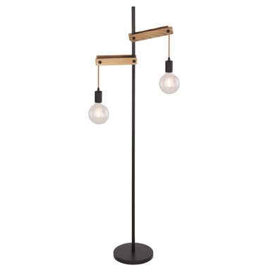 Staande lamp, mat zwart, natuurlijk hout, henneptouw