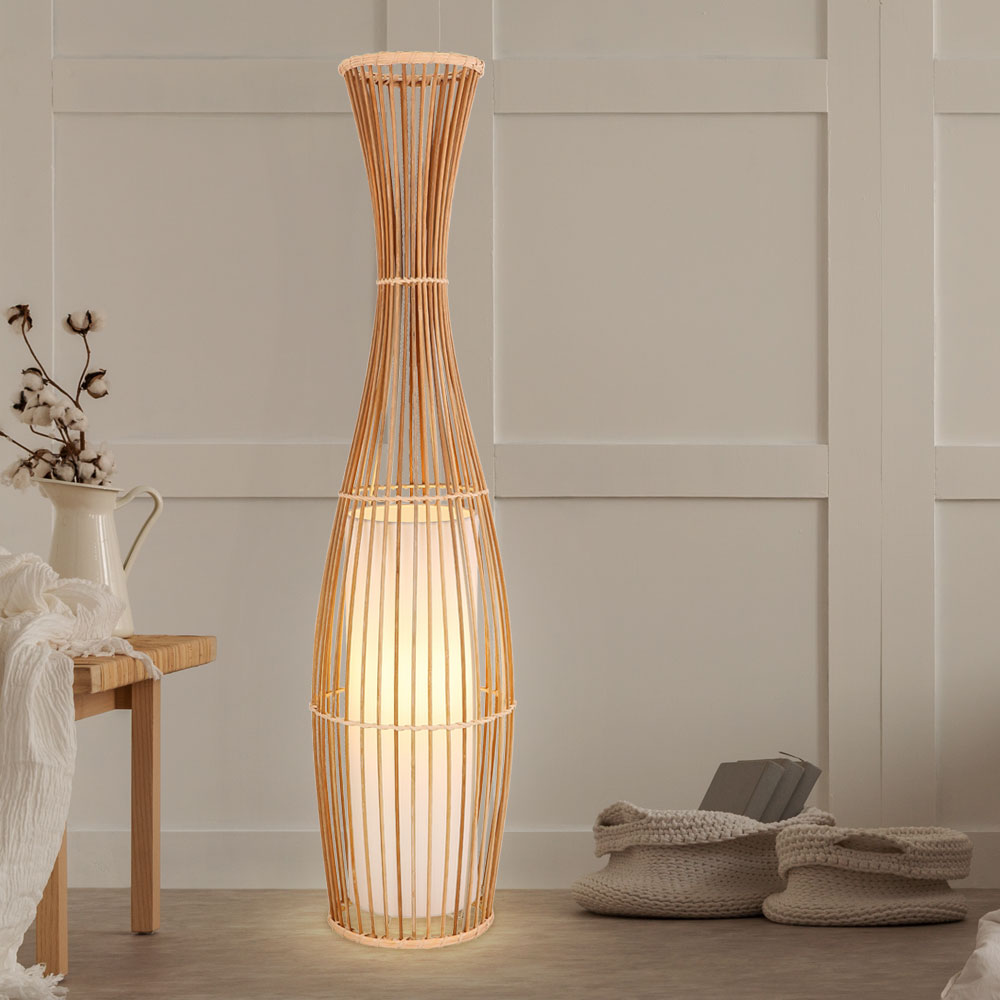 Boho Design Steh Leuchte Bambus Geflecht Schlafzimmer Textil Decken