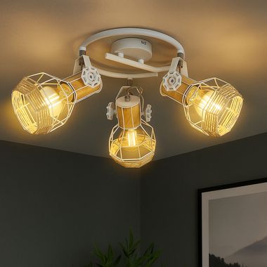 Ceiling light, wood look, white, adjustable spots, D 25 cm