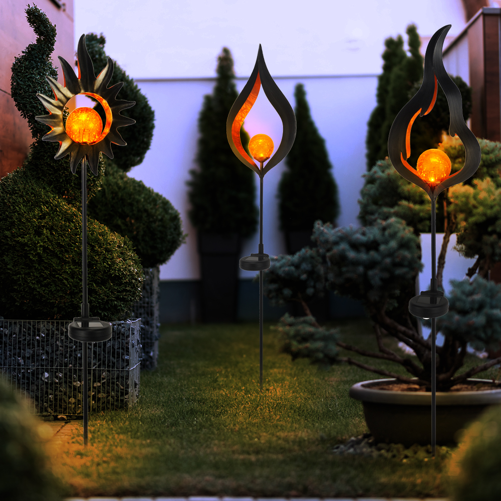 3er Set LED Solar Lampe Flammen Sonnen Tropfen Design Außen Deko Garten