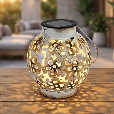 Solarna lampa wisząca LED, ozdobne otwory, biało-żółta, wys. 14 cm