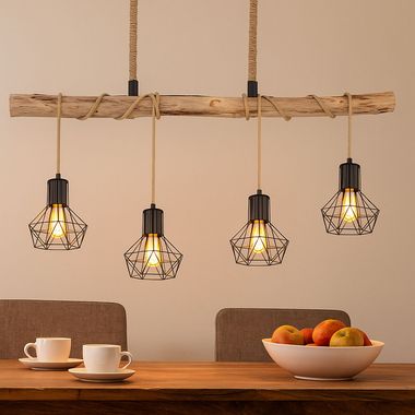 Suspension lamp, wood, grid design, L 85 cm, PRISKA