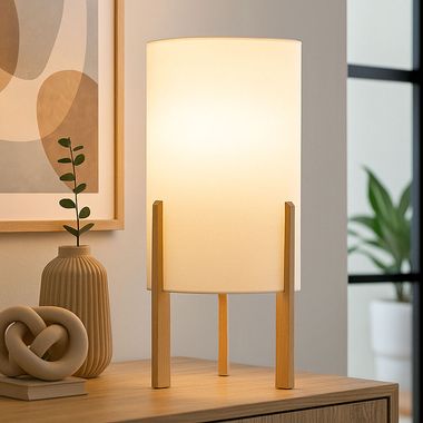 Table lamp, wood, natural, textile shade, beige, H 40 cm