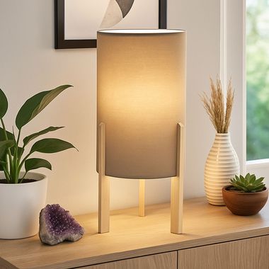 Lampada da tavolo, legno, naturale, paralume in tessuto, grigio, H 40 cm
