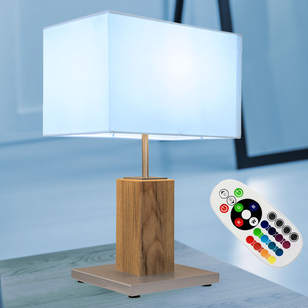 Holz Tisch Leuchte eiche FERNBEDIENUNG Wohn Zimmer Textil Lese Lampe  DIMMBAR im Set inkl. RGB LED Leuchtmittel