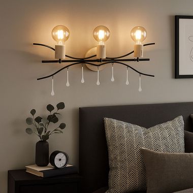 Wall light, metal, glass, black, natural, 3 bulbs, W 76cm