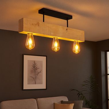 Houten lamp, 3 vlammen, metaal, hout, zwart, naturel, L 60cm