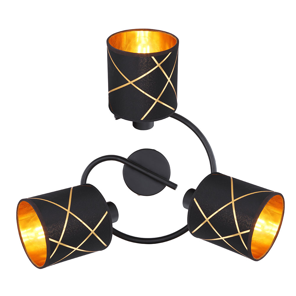Deckenleuchte Deckenrondell 3-flammig Metall schwarz-gold Wohnzimmer  Deckenlampe mit beweglichen Spots, Metall Textil, 3x E27, DxH 28x18,2 cm |  ETC Shop