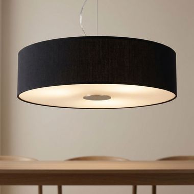 Hängeleuchte, Textilschirm, Glas satiniert, H 110 cm