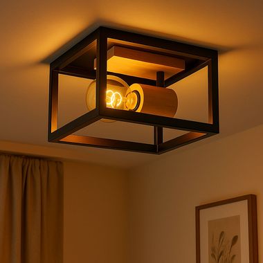Lampa sufitowa, metalowa rama, dekor drewniany, brązowy, L 22cm