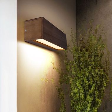 LED wall lamp, wood, downwards, cuboid, brown, W 37 cm