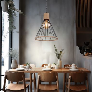 Lampada a sospensione, design a gabbia, corda di canapa, nero, marrone, H 140 cm