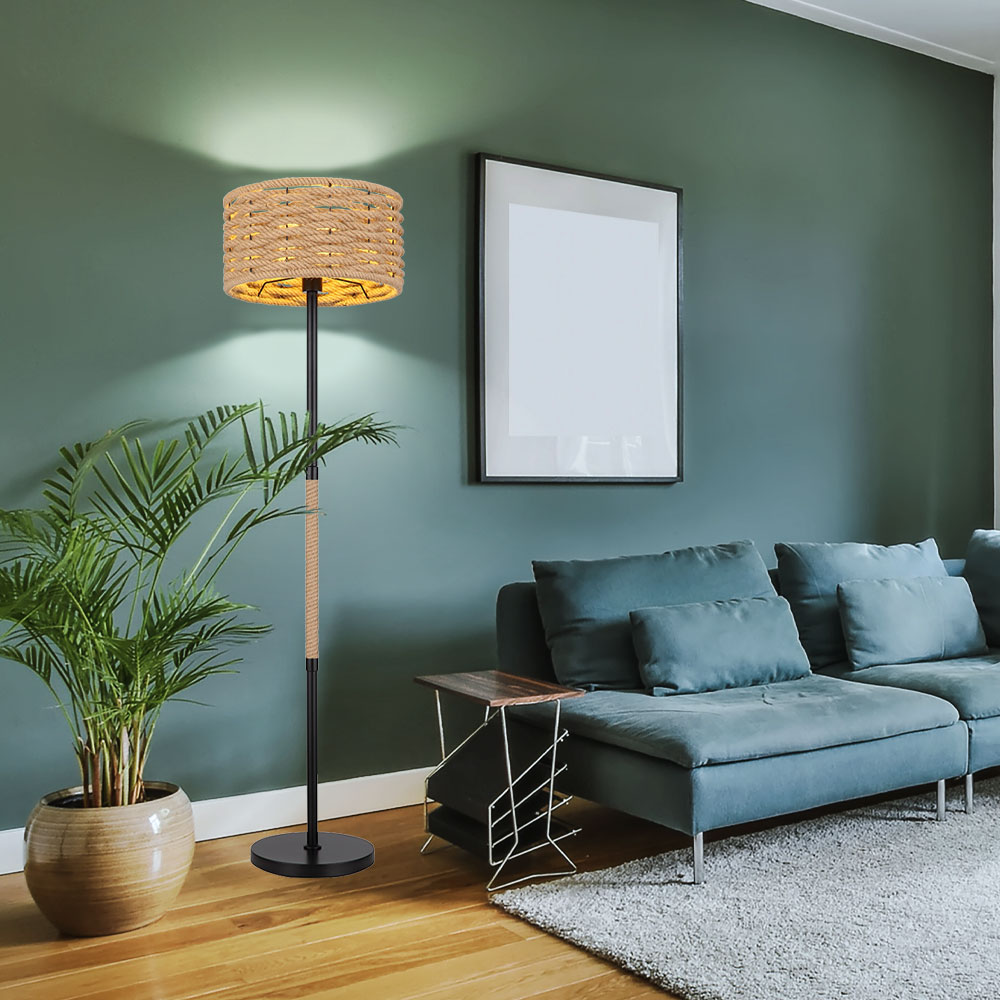 Stehleuchte Wohnzimmer E27 Stehlampe Hanfseil, Metall schwarz, Lampenschirm  aus Tau, DxH 20 x 147 cm | ETC Shop