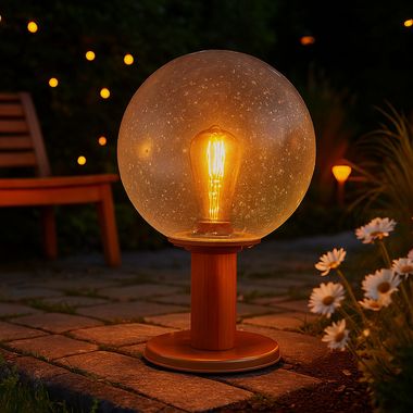Borne lumineuse, boule en verre transparent, aspect bois, aluminium, H 38 cm