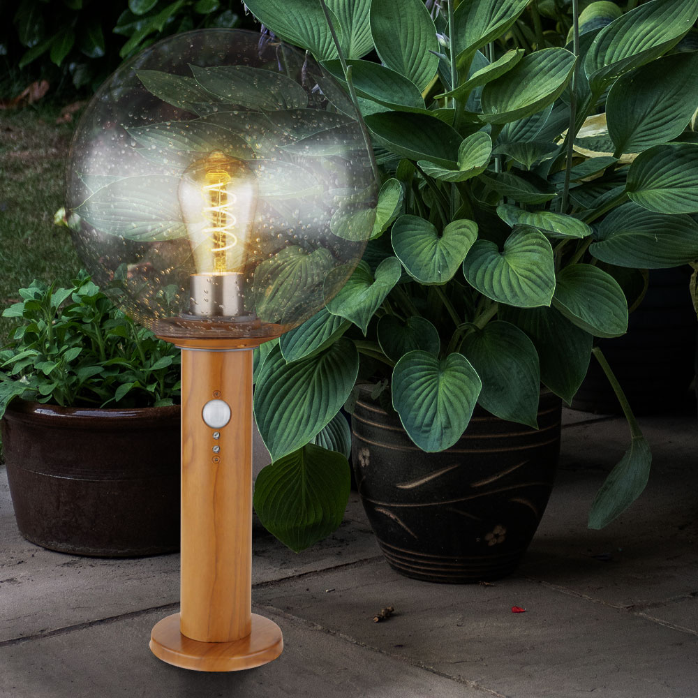 Borne lumineuse avec détecteur de mouvement Borne d'extérieur extérieur  lampadaire détecteur de mouvement, boule de verre aspect bois aluminium,  optique bulle, 1x douille E27, DxH 25x50 cm