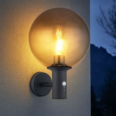 Applique a LED, vetro fumé, acciaio inox, rilevatore di movimento, H 37 cm