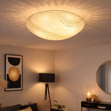 LED Deckenleuchte, Kristalle klar, Glas satiniert, D 30 cm