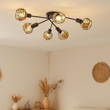 Deckenleuchte, schwarz, braun, Grasgeflecht, D 67 cm