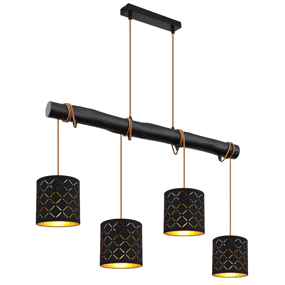 Pendant lamp, black, hanging lamp, dining table, living room lamp, hanging  wooden lamp, 4 flames, height adjustable, metal black and gold  perforations, 4x E27 sockets, HxLxW 150x85x15cm | ETC Shop: lamps,  furniture,